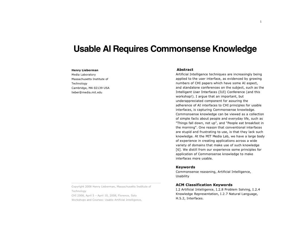 Usable AI Requires Commonsense Knowledge