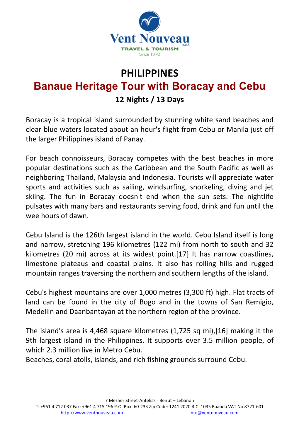 Banaue Heritage with Boracay & Cebu – 12N