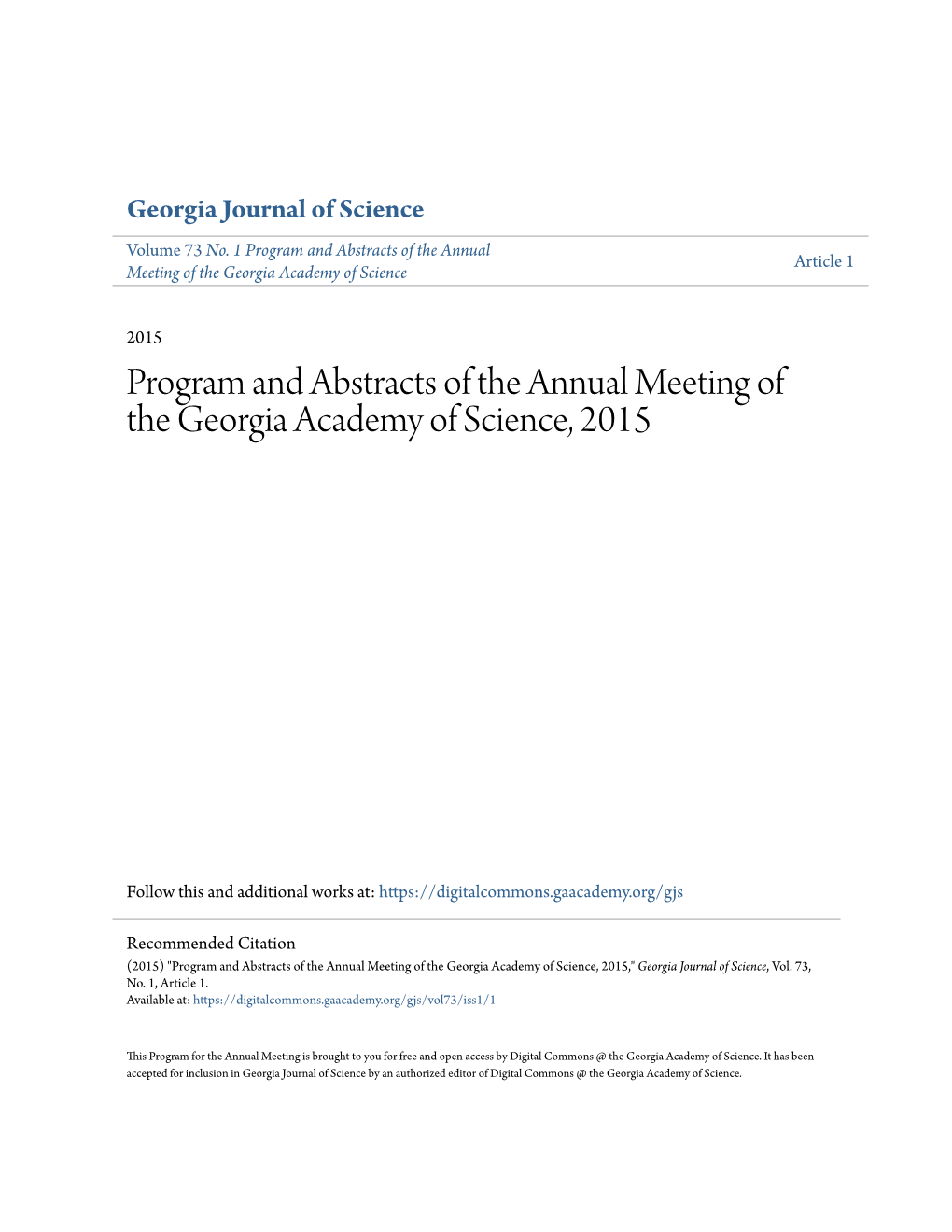 Program and Abstracts of the Annual Meeting of the Georgia Academy of Science, 2015
