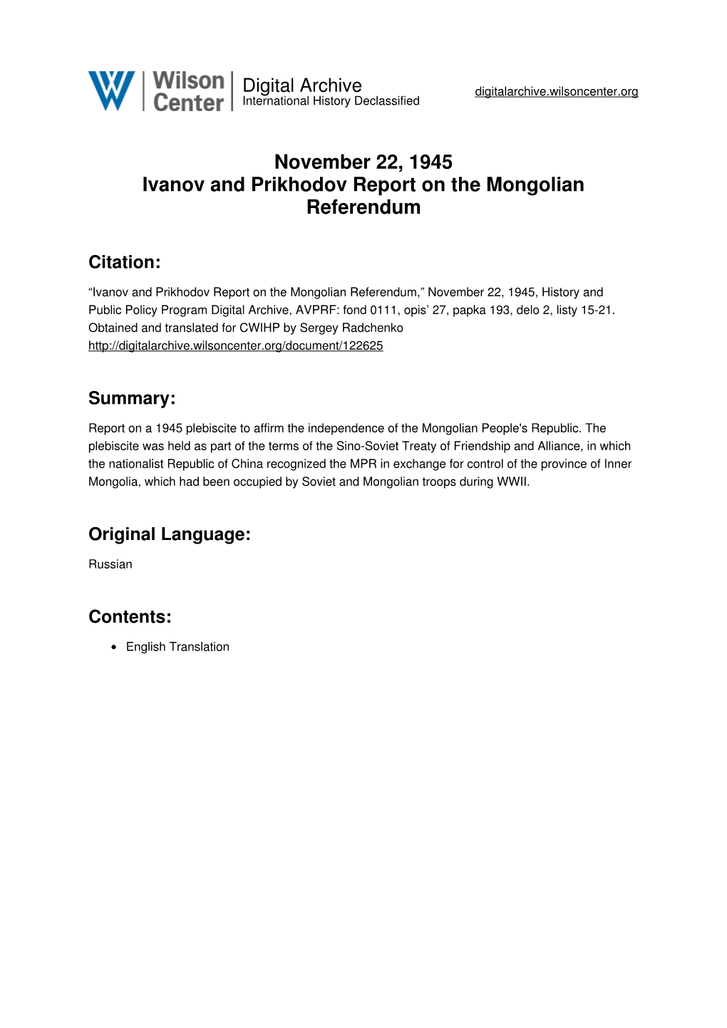 November 22, 1945 Ivanov and Prikhodov Report on the Mongolian Referendum