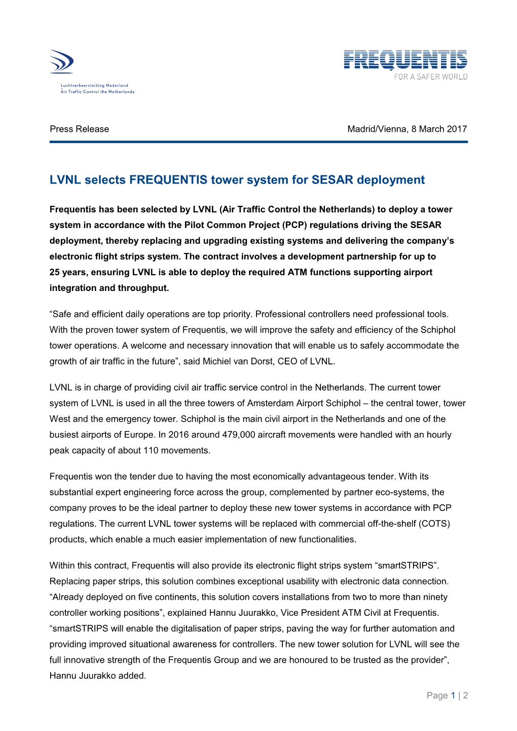 LVNL Selects FREQUENTIS Tower System for SESAR Deployment