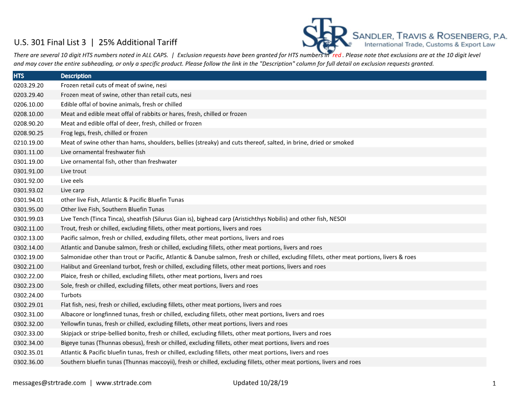 U.S. 301 Final List 3 | 25% Additional Tariff There Are Several 10 Digit HTS Numbers Noted in ALL CAPS