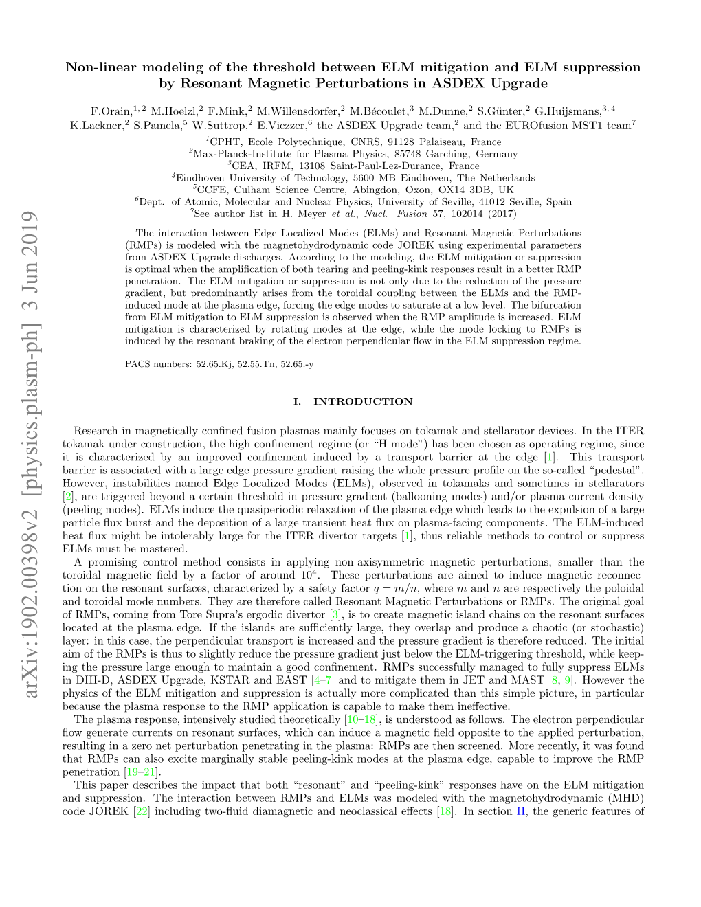 Arxiv:1902.00398V2 [Physics.Plasm-Ph] 3 Jun 2019 Because the Plasma Response to the RMP Application Is Capable to Make Them Ineﬀective