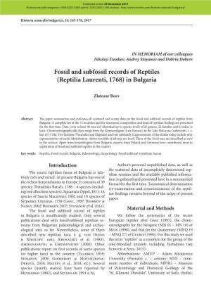 Fossil and Subfossil Record of Reptiles (Reptilia Laurenti, 1768) in Bulgaria