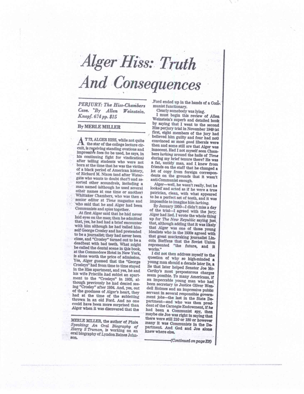 Alger Hiss: Truth and Consequences