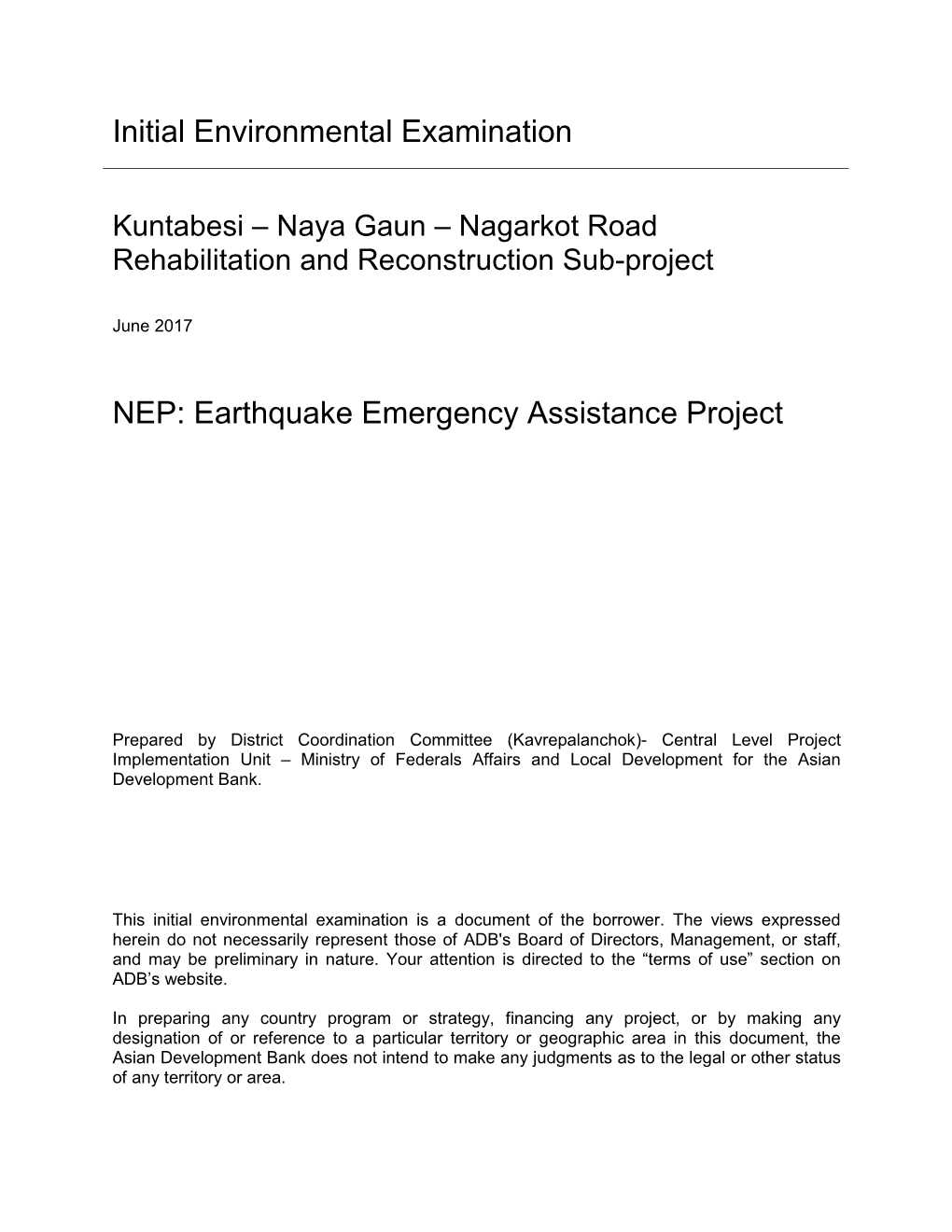 Initial Environmental Examination NEP: Earthquake Emergency