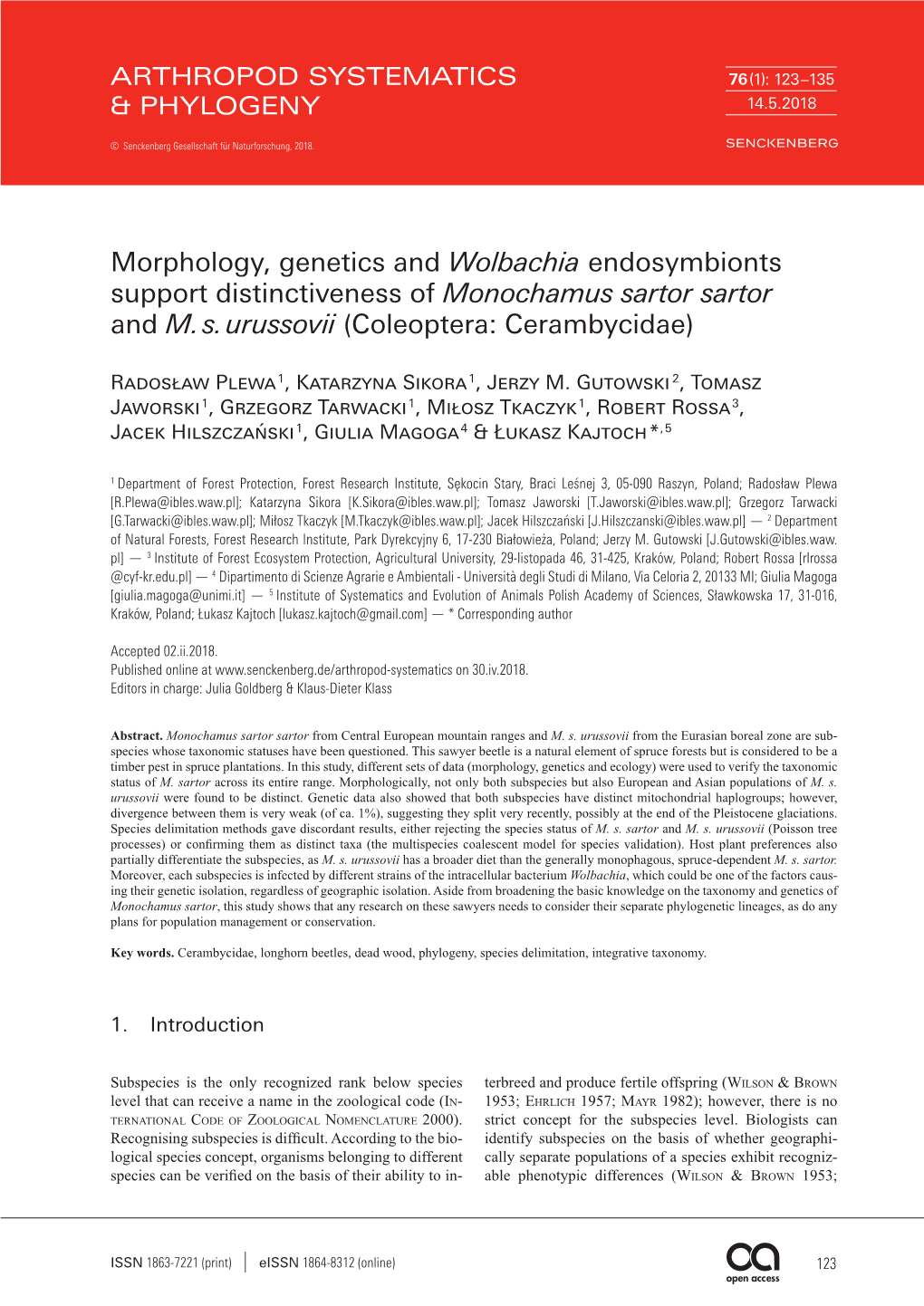 Morphology, Genetics and Wolbachia Endosymbionts Support Distinctiveness of Monochamus Sartor Sartor and M. S. Urussovii (Coleoptera: Cerambycidae)