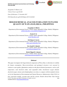 Biogeochemical Analysis in Relation to Water Quality of Wawa Dam, Rizal, Philippines