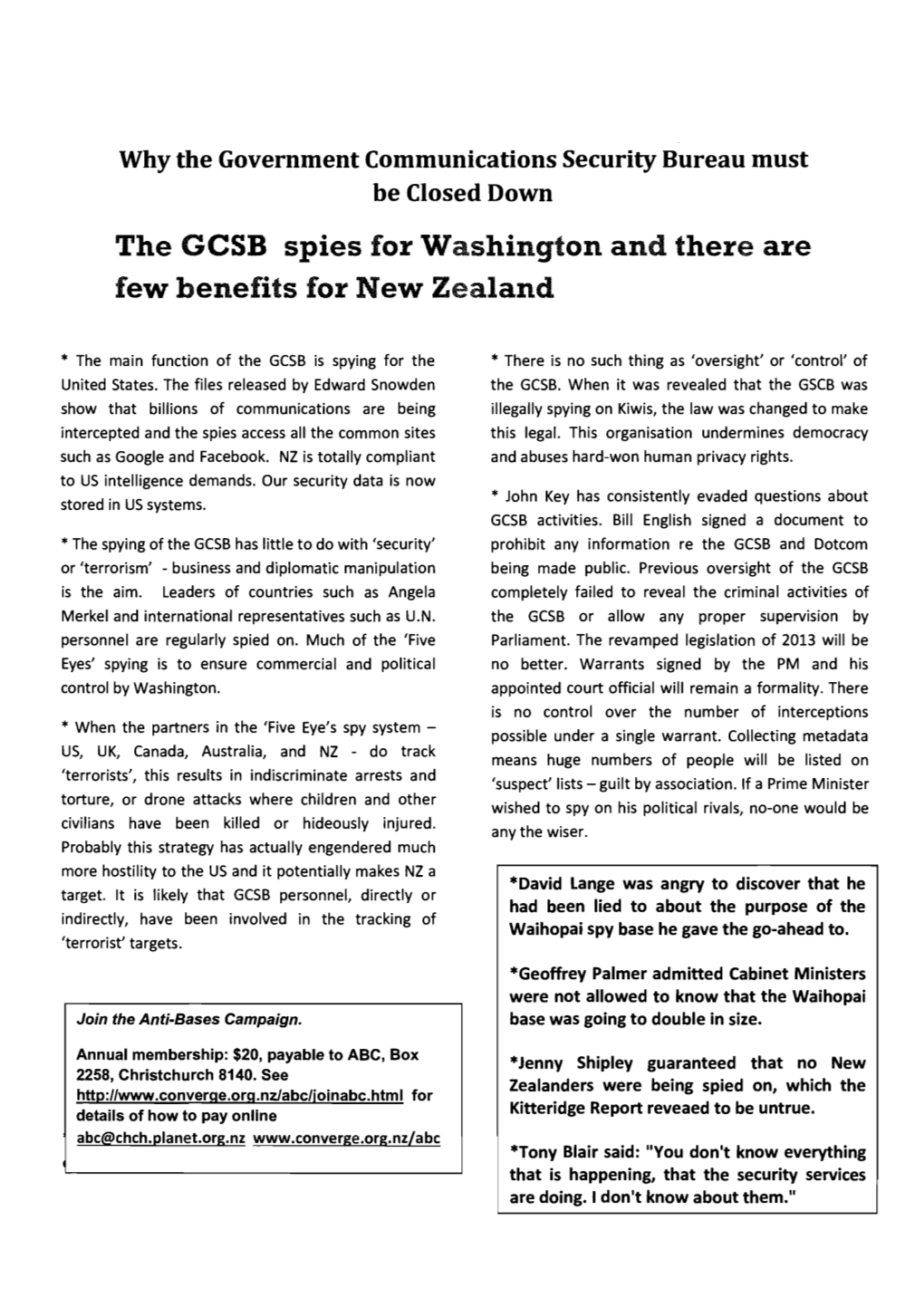 The GCSB Spies for Washington and There Are Few Benefits for New Zealand