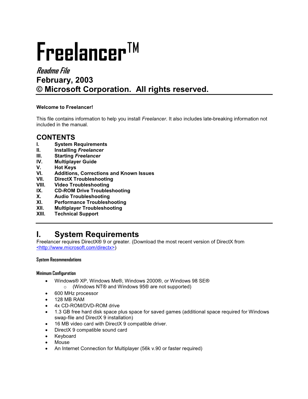 Freelancer™ Readme File February, 2003 © Microsoft Corporation