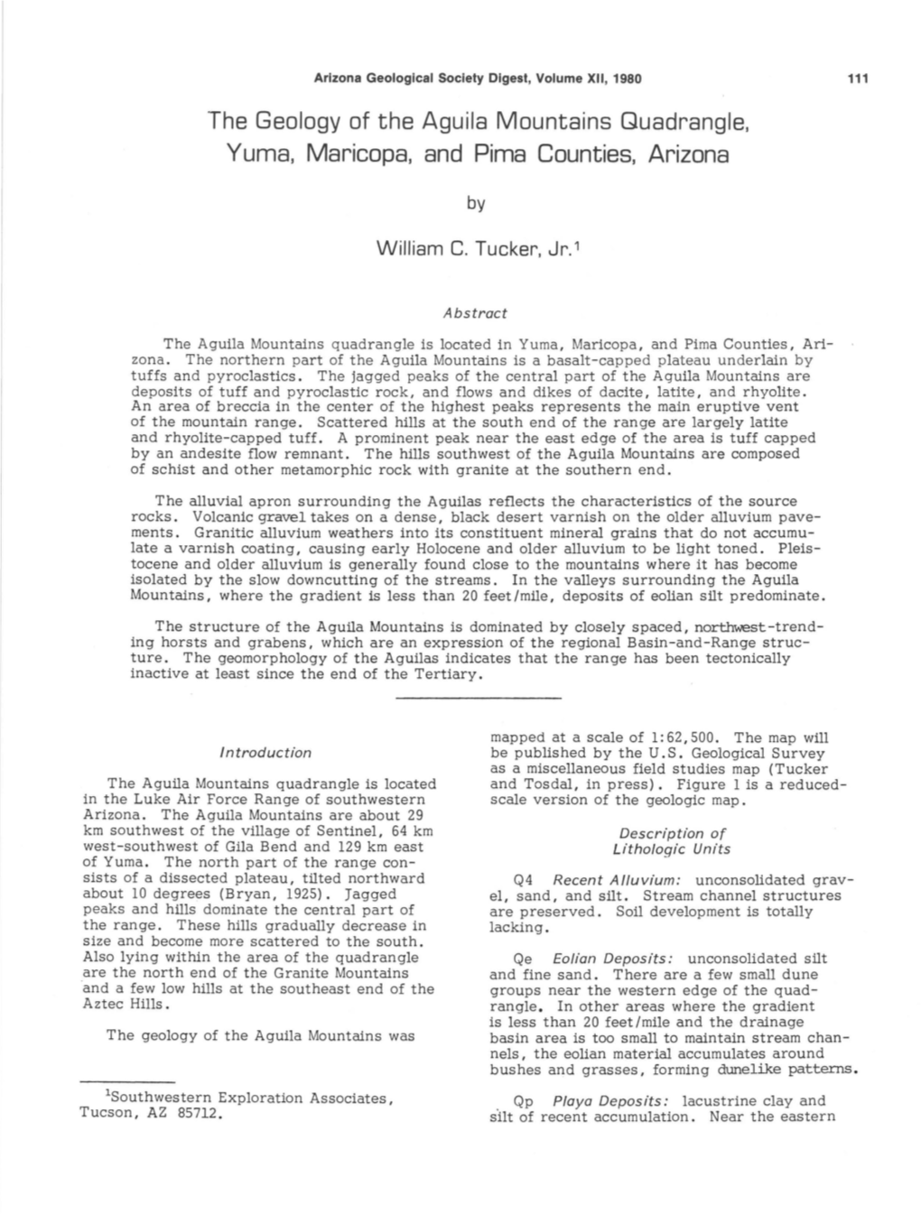 The Geology of the Aguila Mountians Quadrangle, Yuma, Maricopa, And