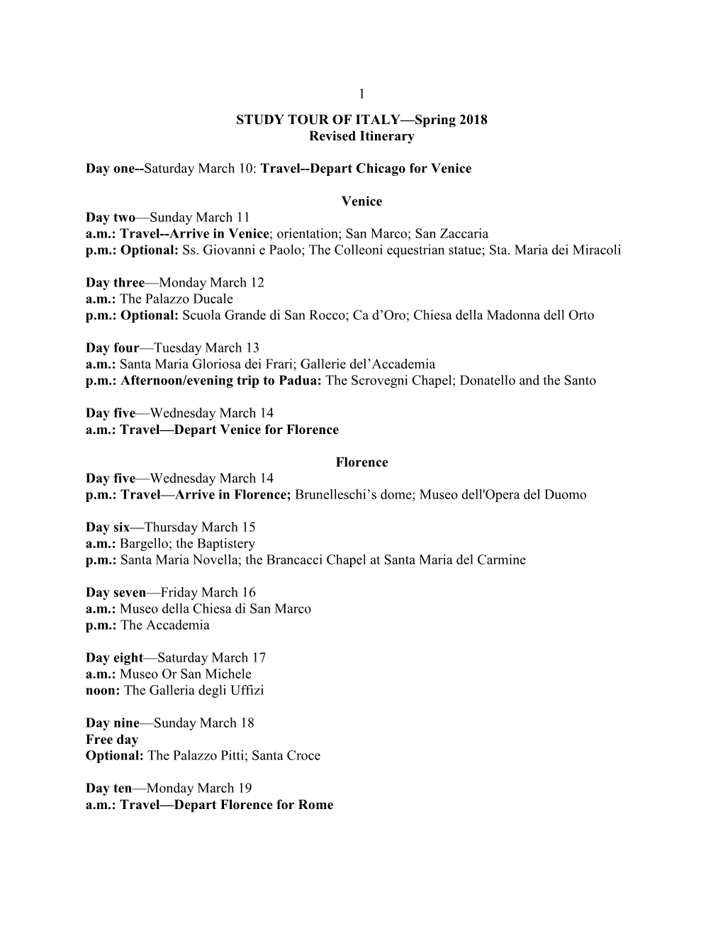 Itinerary for Study Trip to Italy—3/8/04