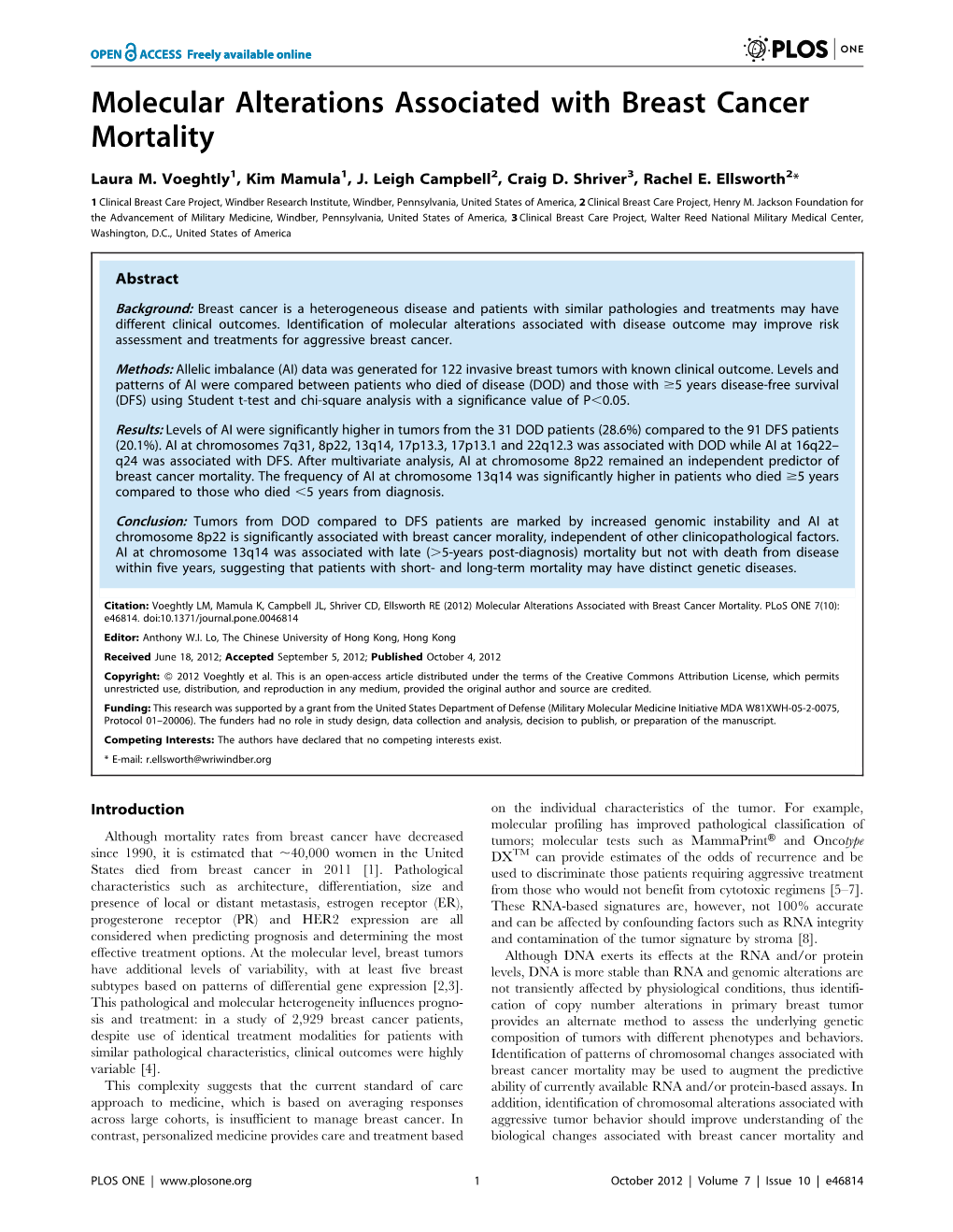 Molecular Alterations Associated with Breast Cancer Mortality