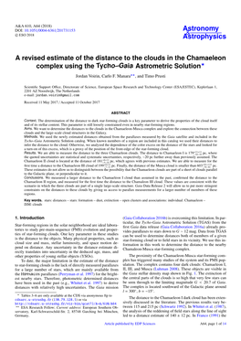 A Revised Estimate of the Distance to the Clouds in the Chamaeleon Complex Using the Tycho–Gaia Astrometric Solution? Jordan Voirin, Carlo F