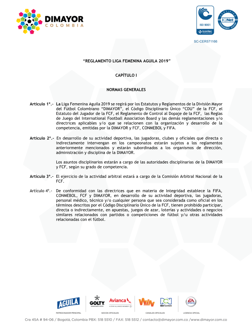 Reglamento Liga Femenina Aguila 2019”