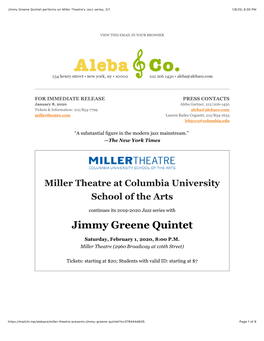 Jimmy Greene Quintet Performs on Miller Theatre's Jazz Series, 2/1 1/8/20, 6�00 PM