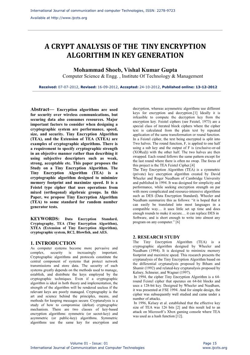 A Crypt Analysis of the Tiny Encryption Algorithm in Key Generation