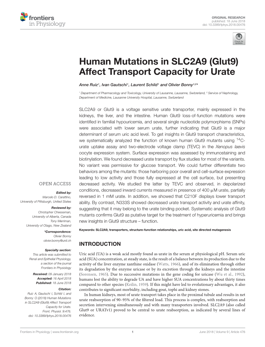 Human Mutations in SLC2A9 (Glut9) Affect Transport Capacity for Urate