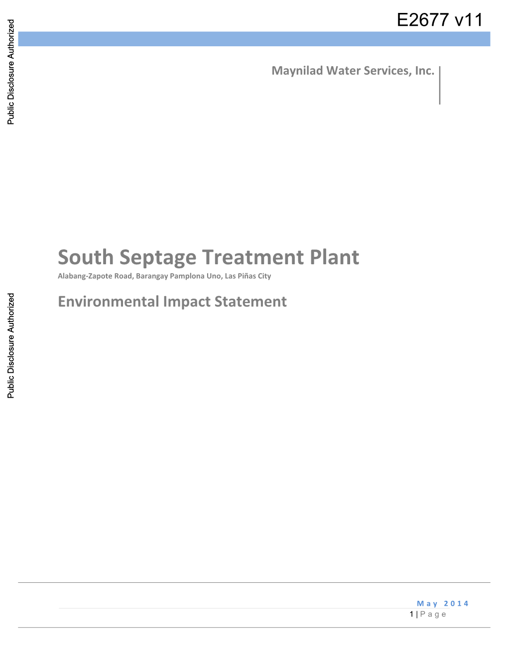 Maynilad Water Services, Inc. Public Disclosure Authorized