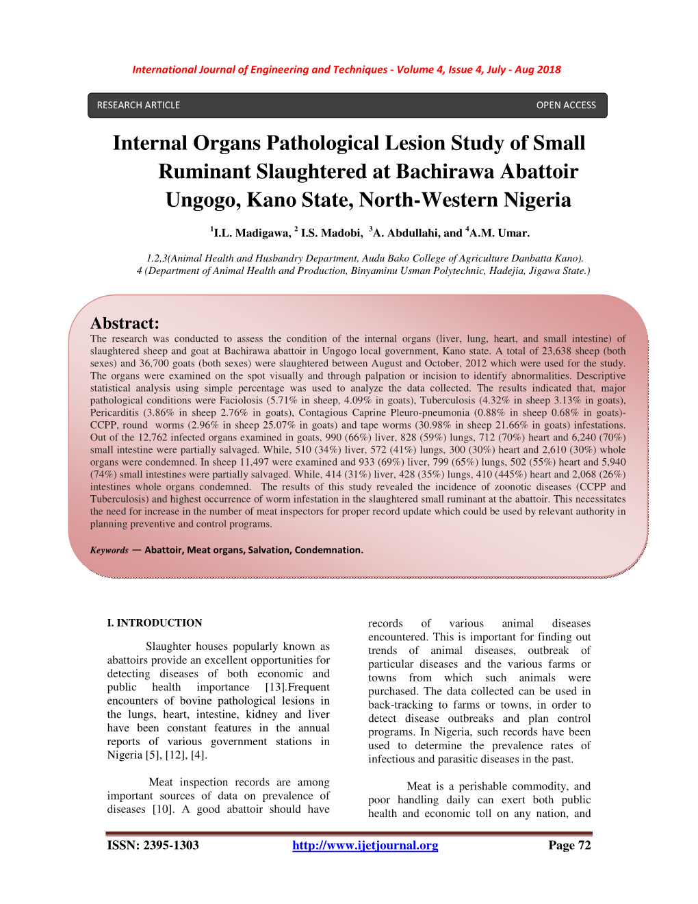 Internal Organs Pathological Lesion Study of Small Ruminant Slaughtered at Bachirawa Abattoir Ungogo, Kano State, North-Western Nigeria