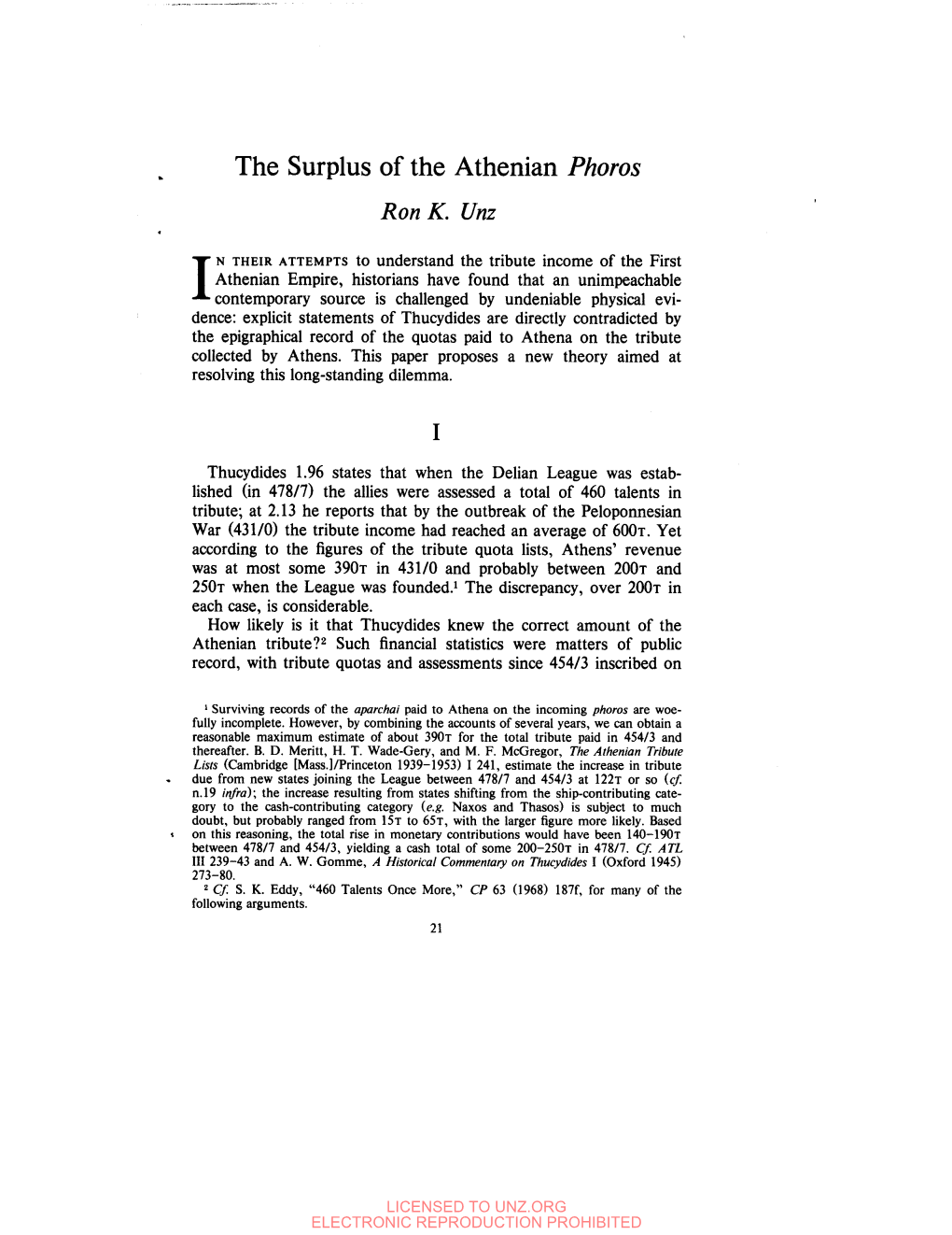 The Surplus Ofthe Athenian Phoros Ron K. Unz in THEIR ATTEMPTS