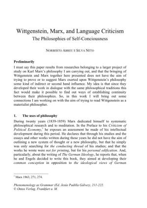 Wittgenstein, Marx, and Language Criticism the Philosophies of Self-Conciousness