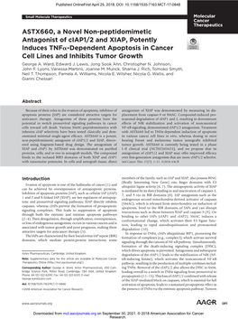 ASTX660, a Novel Non-Peptidomimetic Antagonist of Ciap1/2 and XIAP, Potently Induces Tnfa-Dependent Apoptosis in Cancer Cell Lines and Inhibits Tumor Growth George A