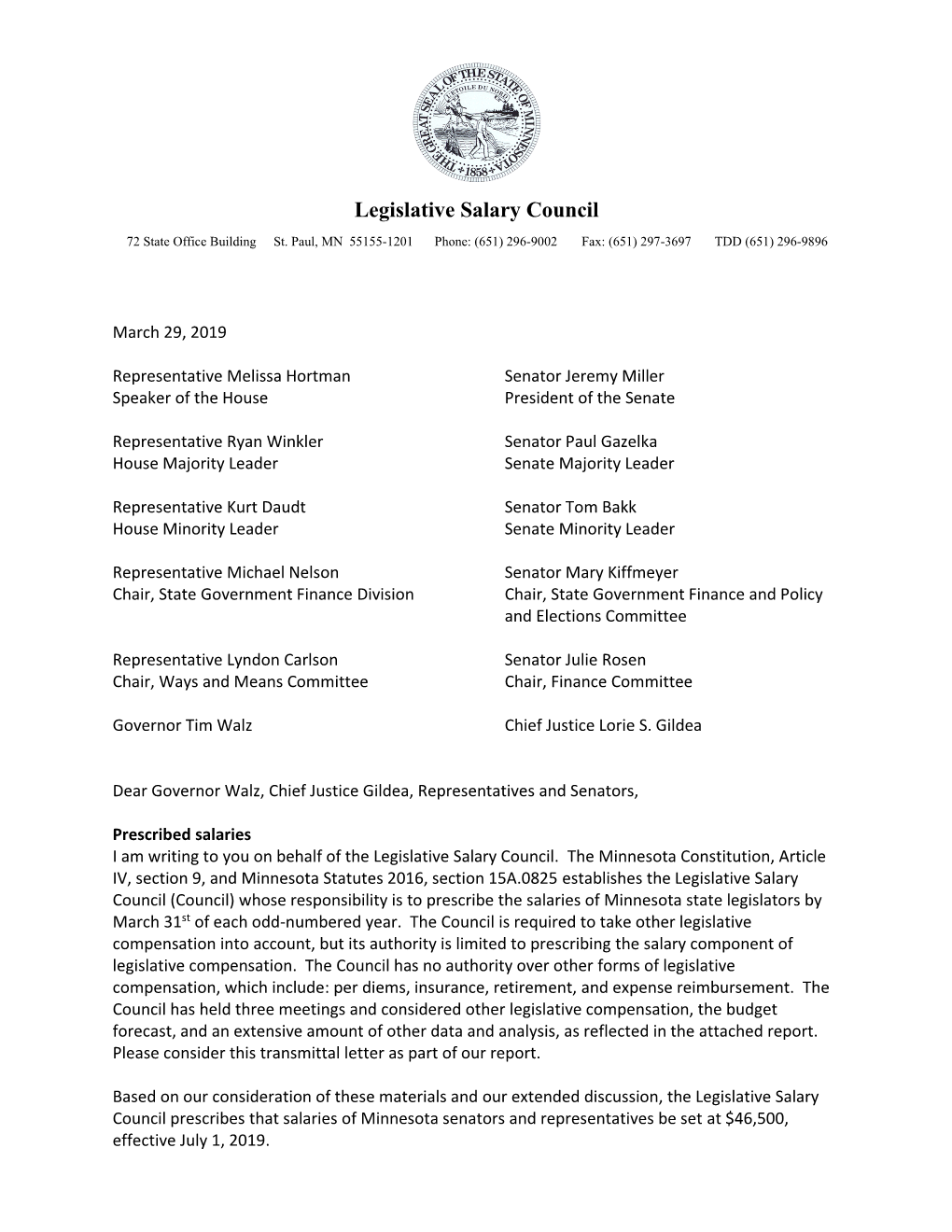 Legislative Salary Council Report March 29, 2019