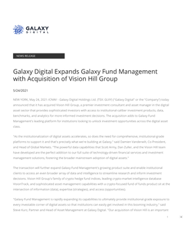 Galaxy Digital Expands Galaxy Fund Management with Acquisition of Vision Hill Group