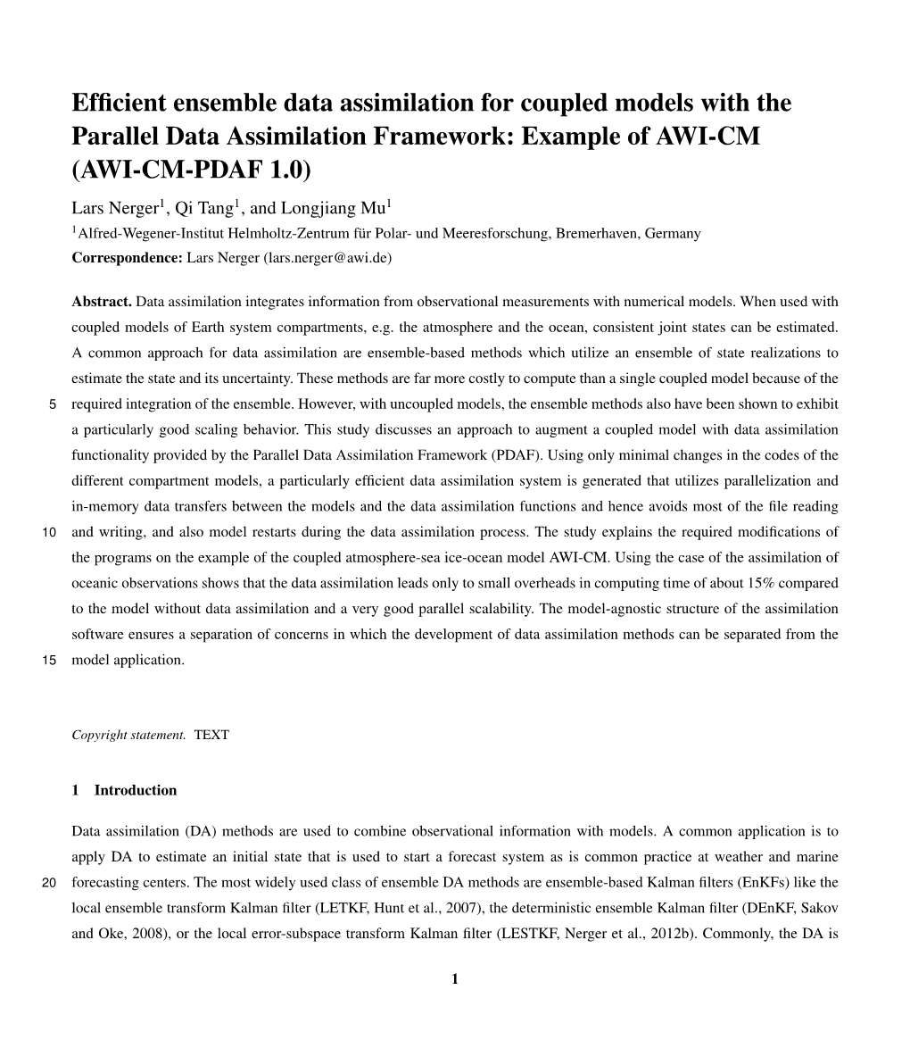 Efficient Ensemble Data Assimilation for Coupled Models with the Parallel