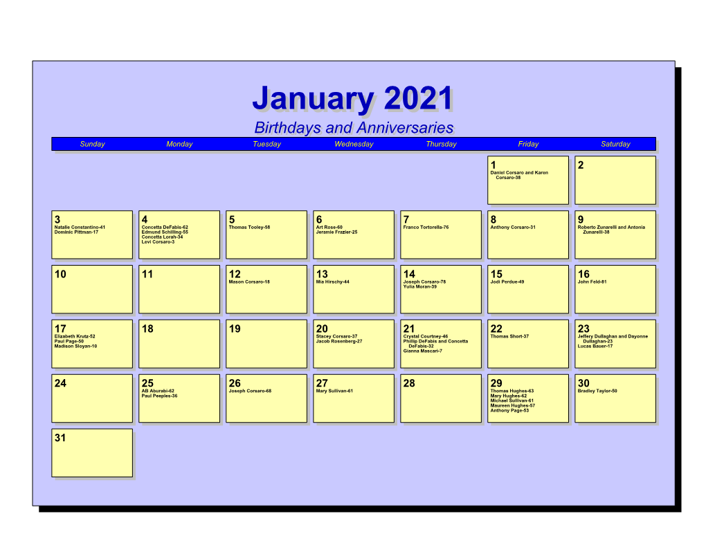 January 20212021 Birthdaysbirthdays Andand Anniversariesanniversaries Sunday Monday Tuesday Wednesday Thursday Friday Saturday