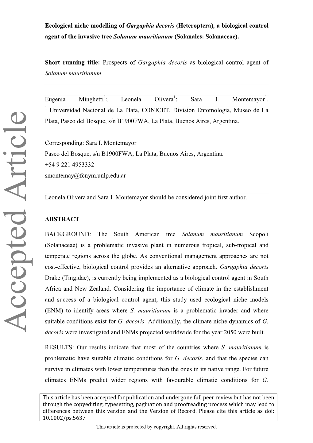 Ecological Niche Modelling of Gargaphia Decoris (Heteroptera), a Biological Control Agent of the Invasive Tree Solanum Mauritianum (Solanales: Solanaceae)