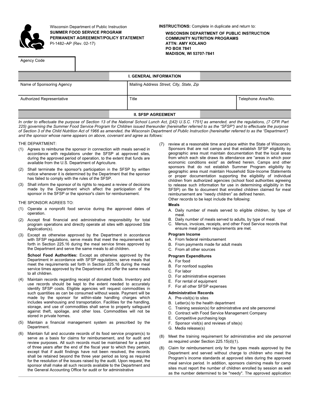 PI-1482-AP Summer Food Service Program Agreement/Policy Statement