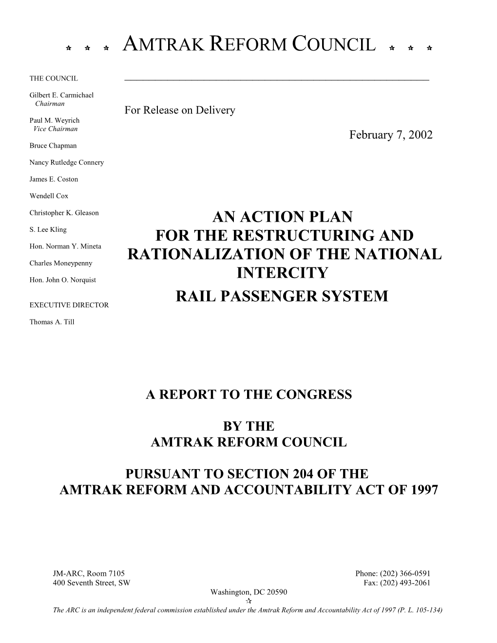 Amtrak Reform Council Action Plan 7 February 2002