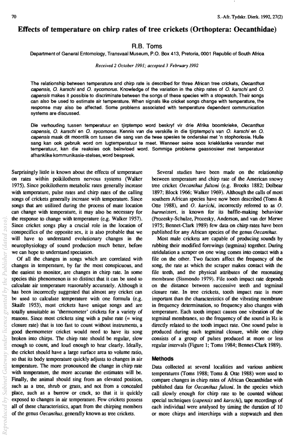 Effects of Temperature on Chirp Rates of Tree Crickets (Orthoptera: Oecanthidae)