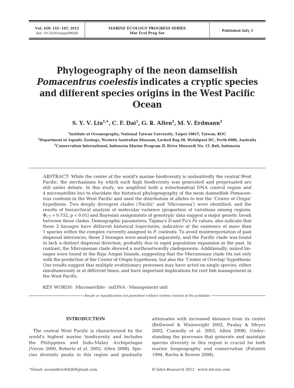 Phylogeography of the Neon Damselfish Pomacentrus Coelestis Indicates a Cryptic Species and Different Species Origins in the West Pacific Ocean