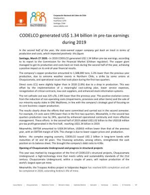 CODELCO Generated US$ 1.34 Billion in Pre-Tax Earnings During 2019