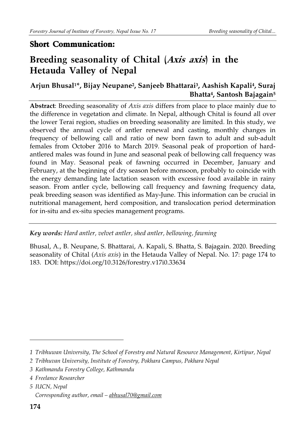 Breeding Seasonality of Chital (Axis Axis) in the Hetauda Valley of Nepal