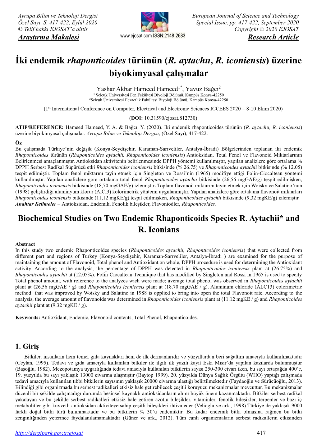 İki Endemik Rhaponticoides Türünün (R. Aytachıı, R. Iconiensis) Üzerine Biyokimyasal Çalışmalar