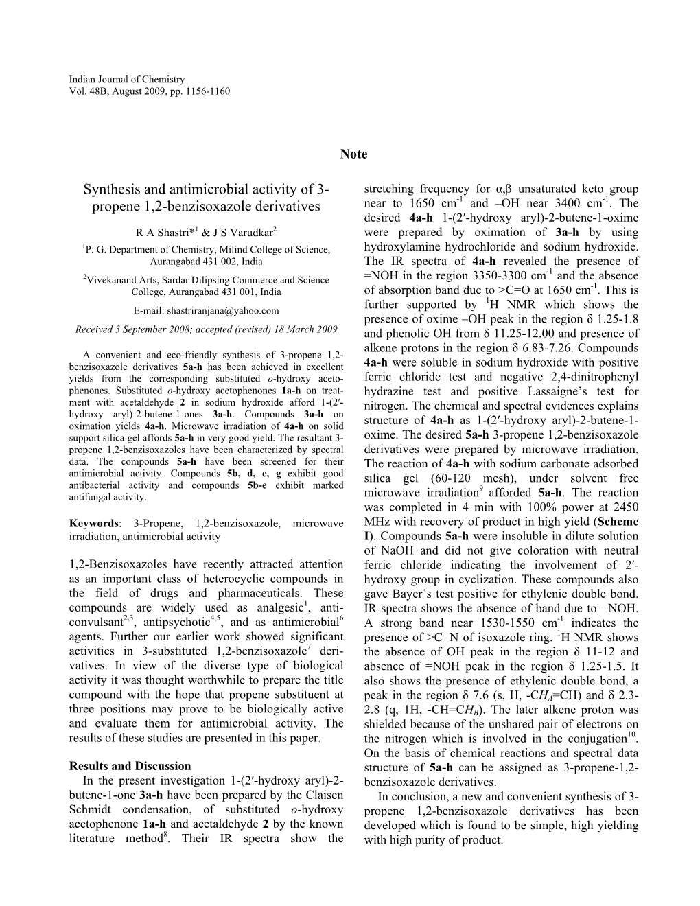 Propene 1,2-Benzisoxazole Derivatives Near to 1650 Cm and –OH Near 3400 Cm