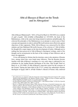 Abū Al-Ḥusayn Al-Baṣrī on the Torah and Its Abrogation∗