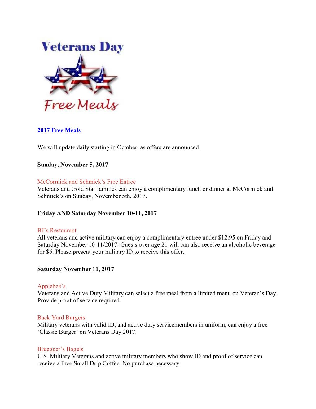 2017 Free Meals We Will Update Daily Starting in October, As Offers Are