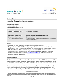 Cardiac Rehabilitation, Outpatient Product Applicability