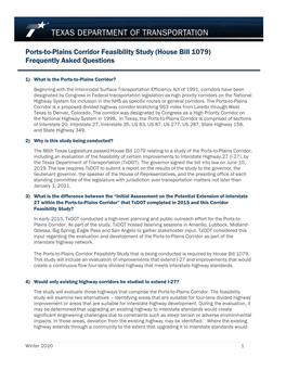 Ports-To-Plains Corridor Feasibility Study (House Bill 1079) Frequently Asked Questions