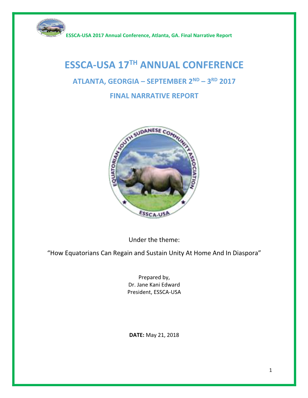 Essca-Usa 17Th Annual Conference Atlanta, Georgia – September 2Nd – 3Rd 2017 Final Narrative Report