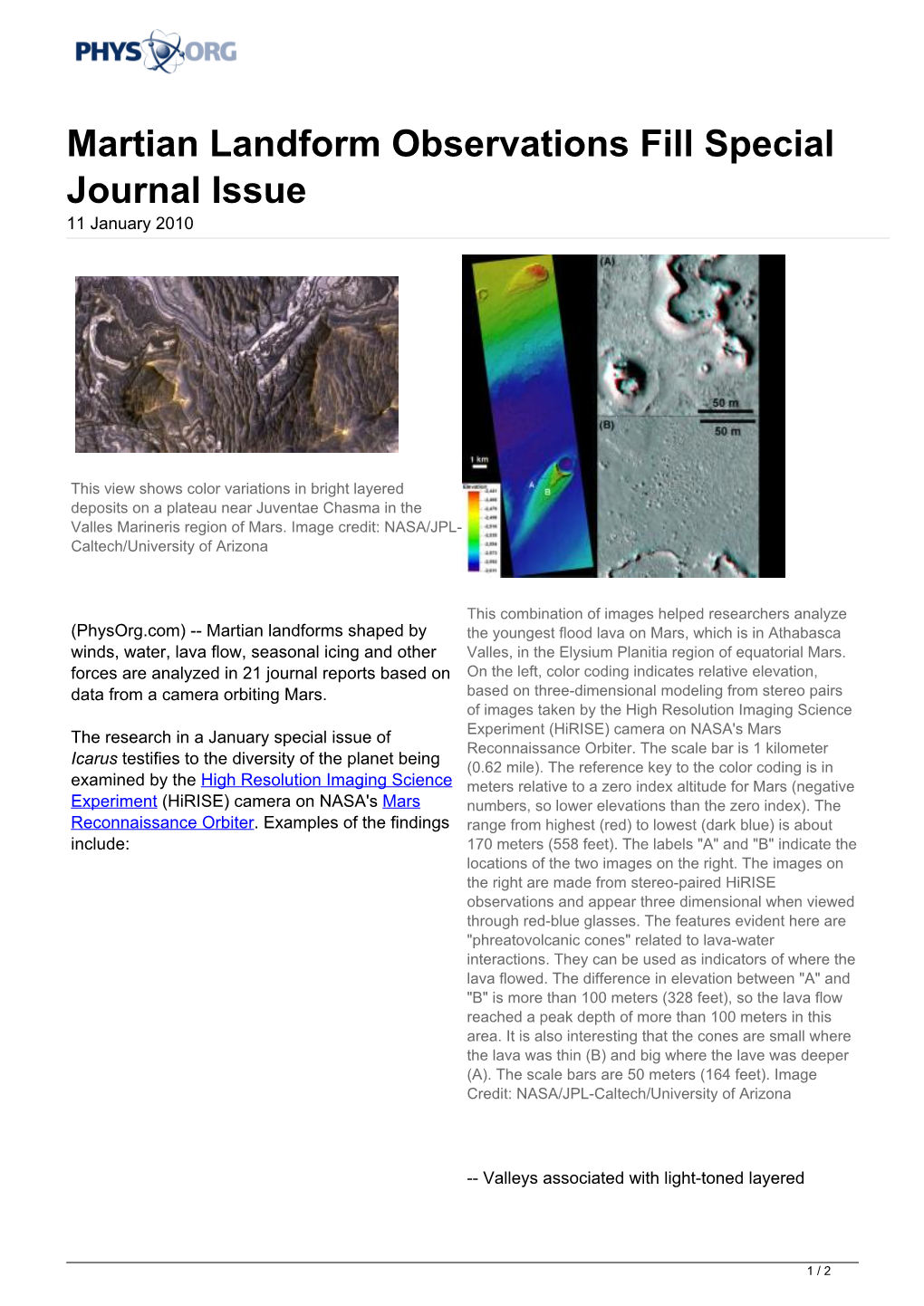 Martian Landform Observations Fill Special Journal Issue 11 January 2010