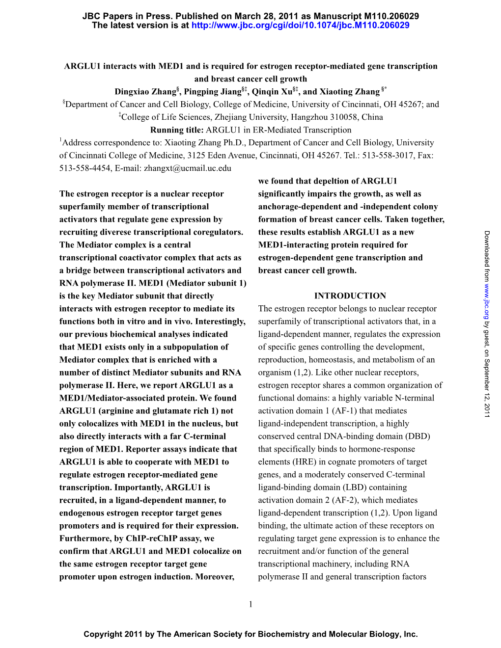 ARGLU1 Interacts with MED1 and Is Required for ER-Mediated Gene