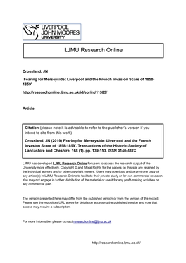 Fearing for Merseyside: Liverpool and the French Invasion Scare of 1858- 1859'