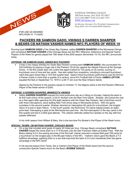 Packers Rb Samkon Gado, Vikings S Darren Sharper & Bears Cb Nathan Vasher Named Nfc Players of Week 10