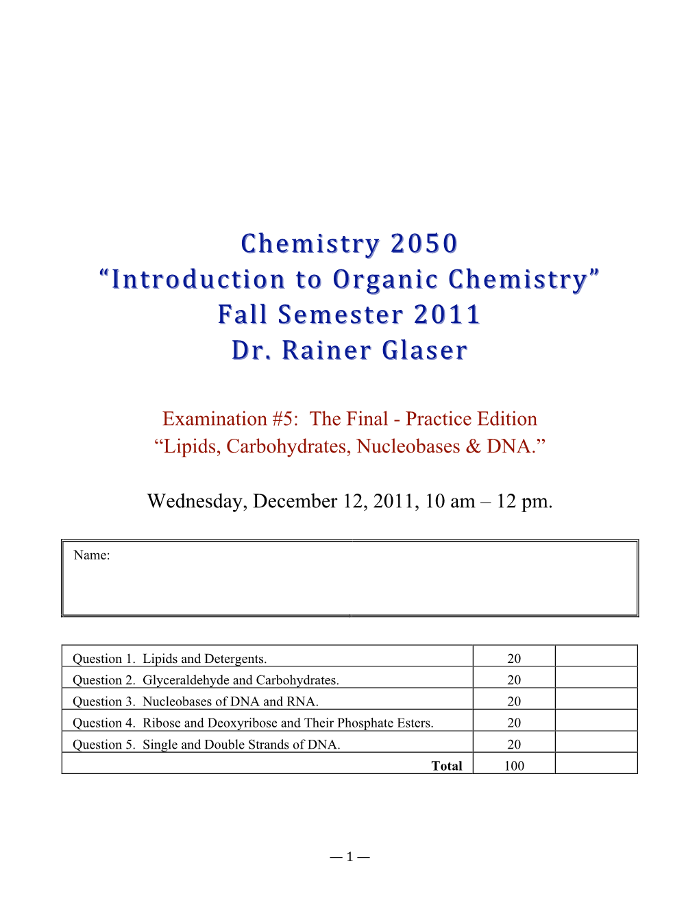 Chem 2050 F11 Practice Exam5 Final